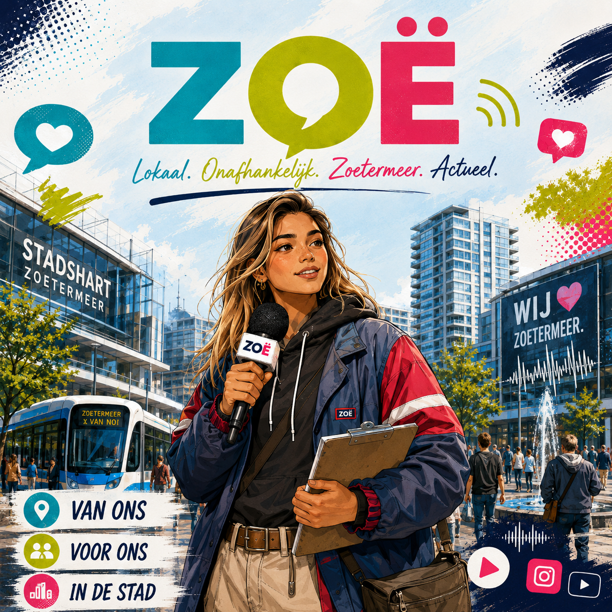 Kleurrijke ZOË-illustratie met een lokale maker, microfoon, media-iconen en herkenningspunten uit Zoetermeer.