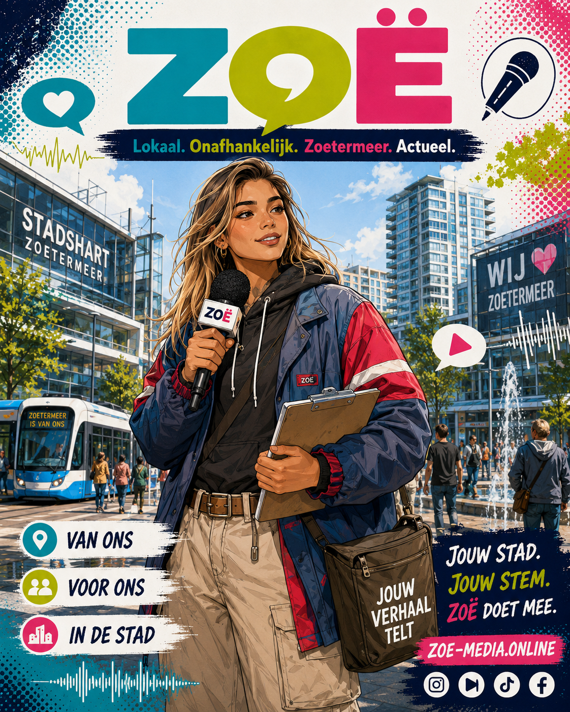 ZOË-poster met een lokale maker, microfoon en herkenningspunten uit Zoetermeer.